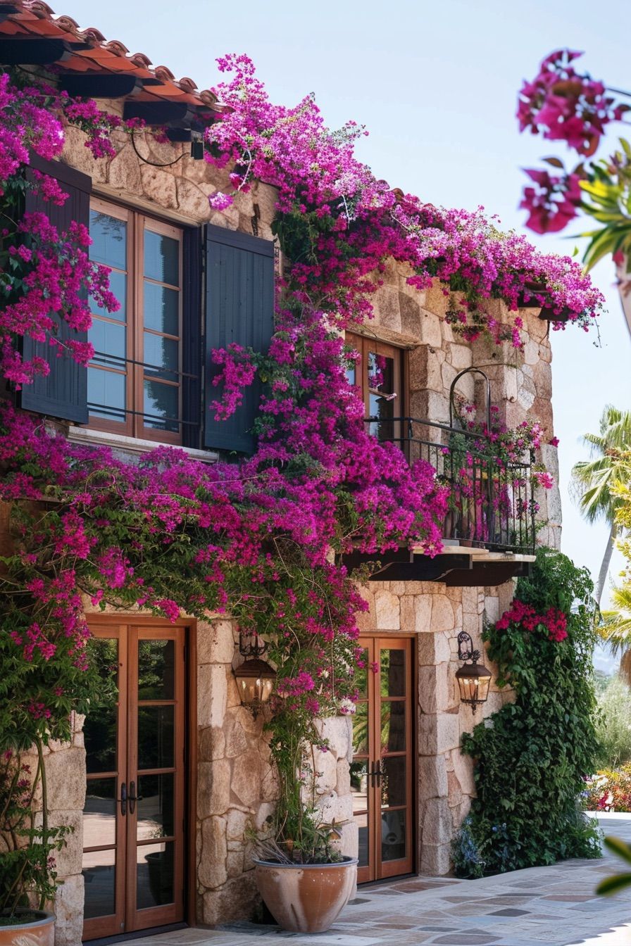 mediterranean house with vines and boudainvillea