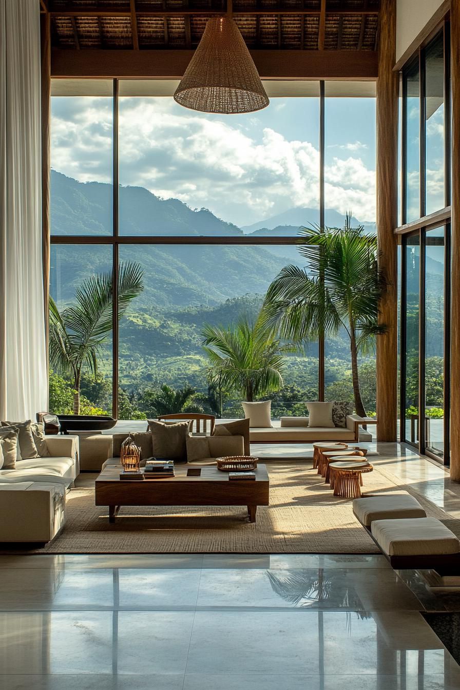 highly modern villa interior with full wall windows and tropical mountain views 2