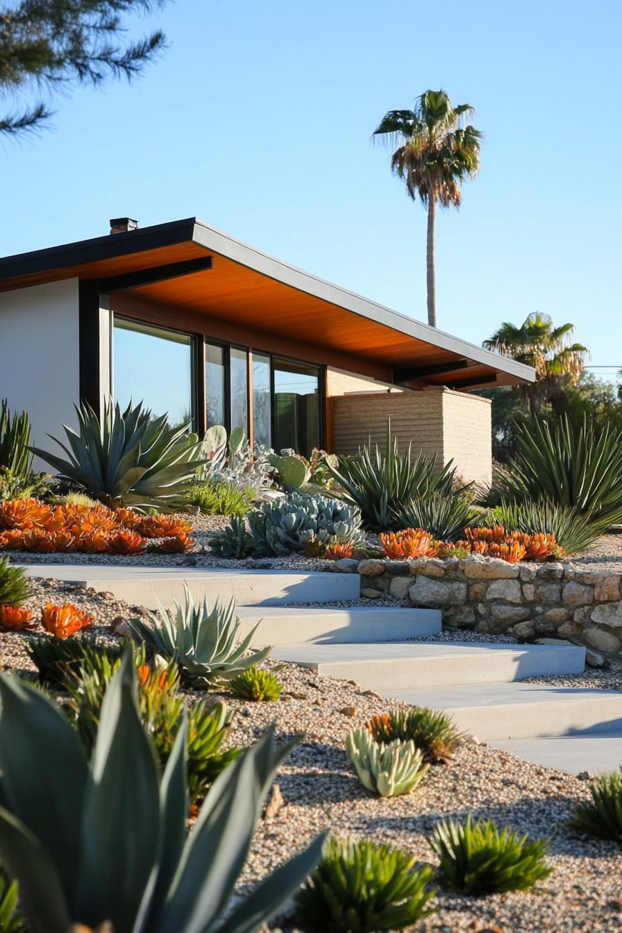 70s midcentury house facade yard with retro landscape with succulents