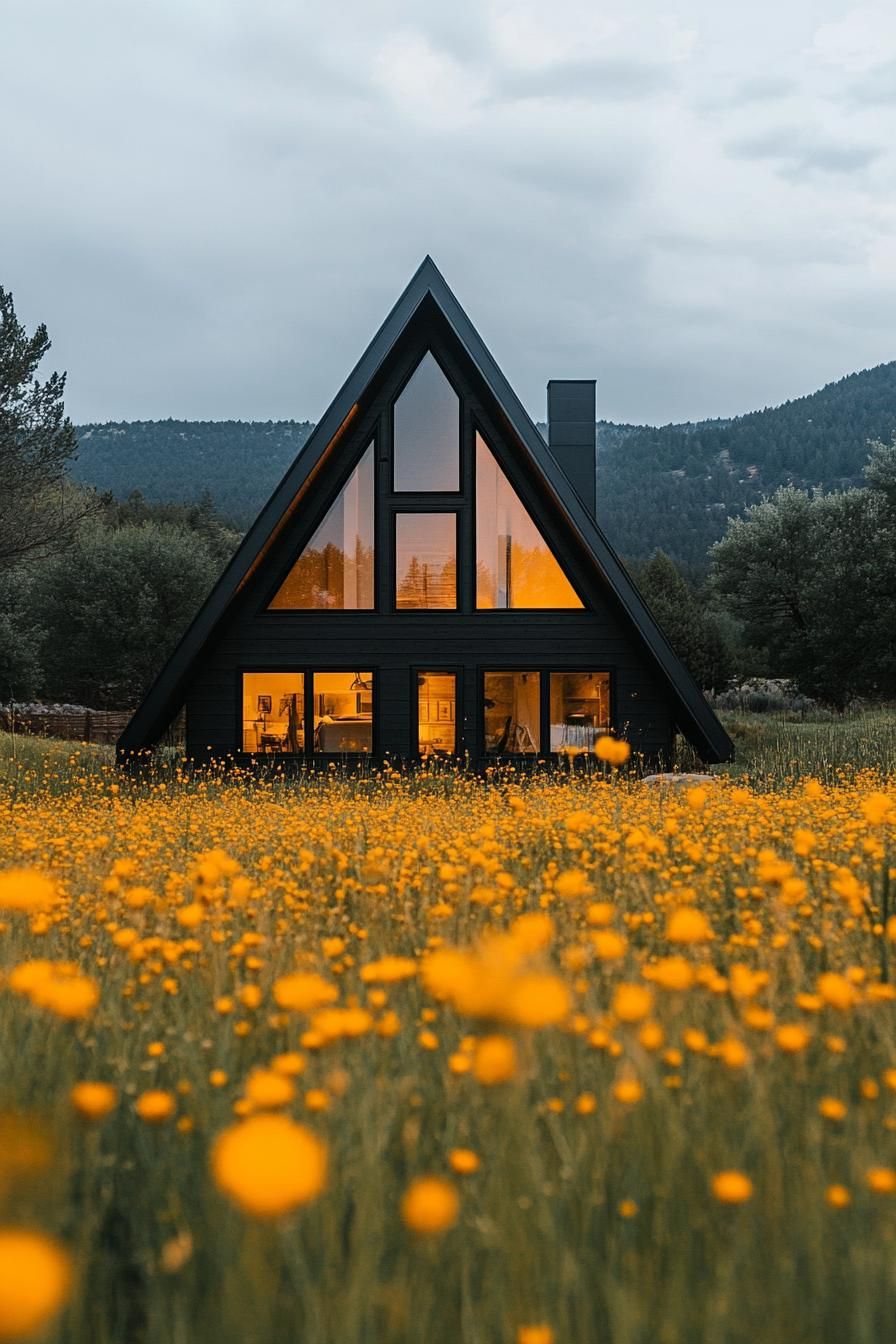 modern dark a frame house facade in yellow wildflower fields 3