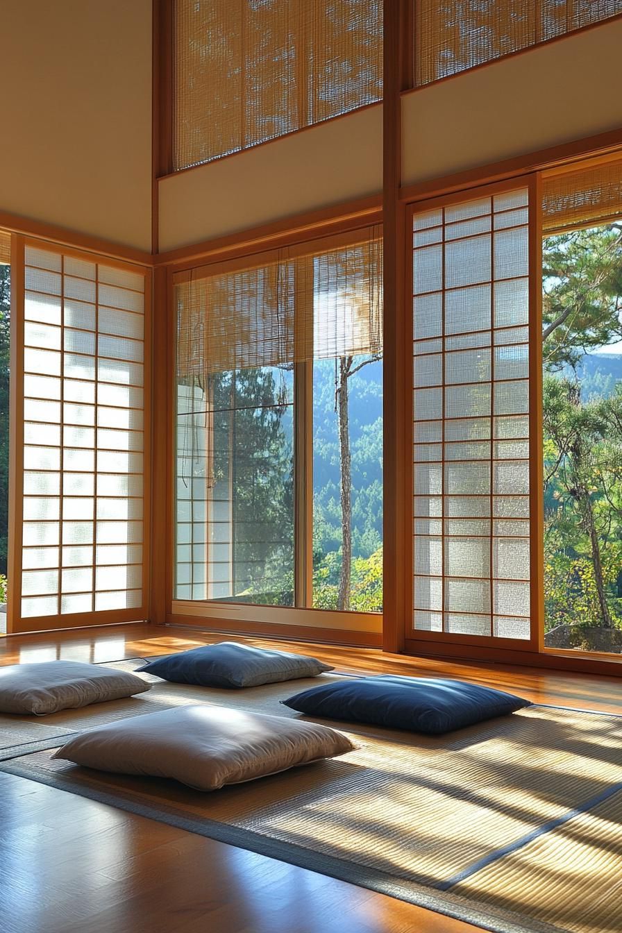 modern minimalist home interior with shoji screens large window with mountain views 2