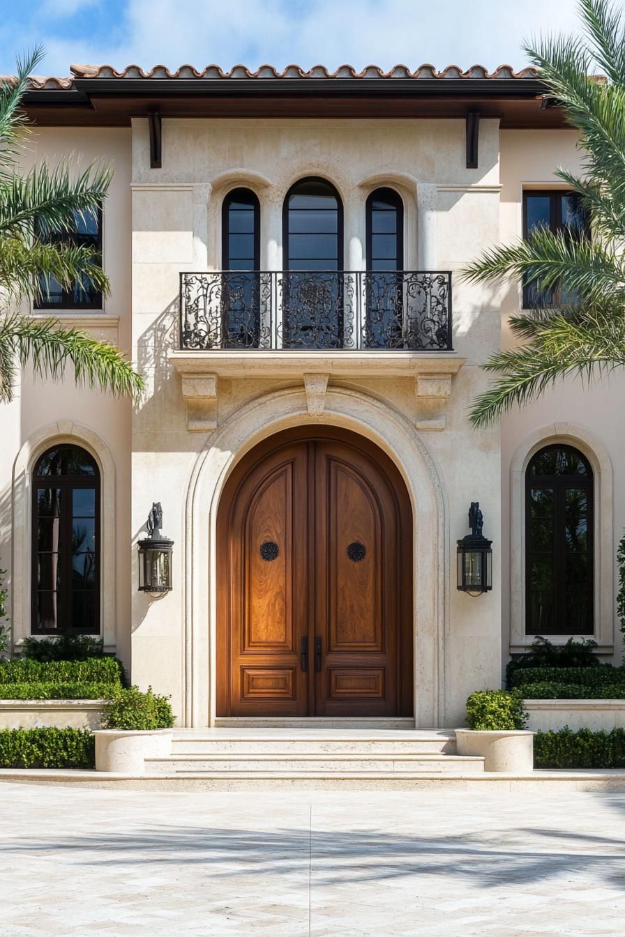 modern Italian mediterranean house modern facade with large ornate wooden front door