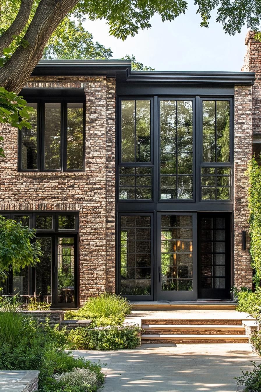 mid century modern and antique style house brick facade with antique stonework accents