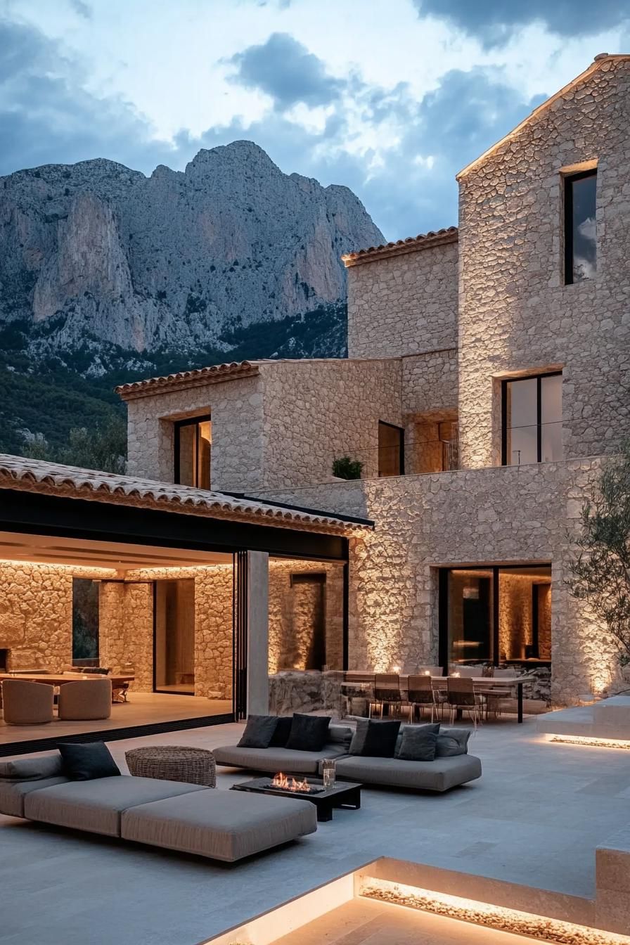 modern Italian mediterranean house courtyard with stone fireplace and lounge area stunning mountains visible