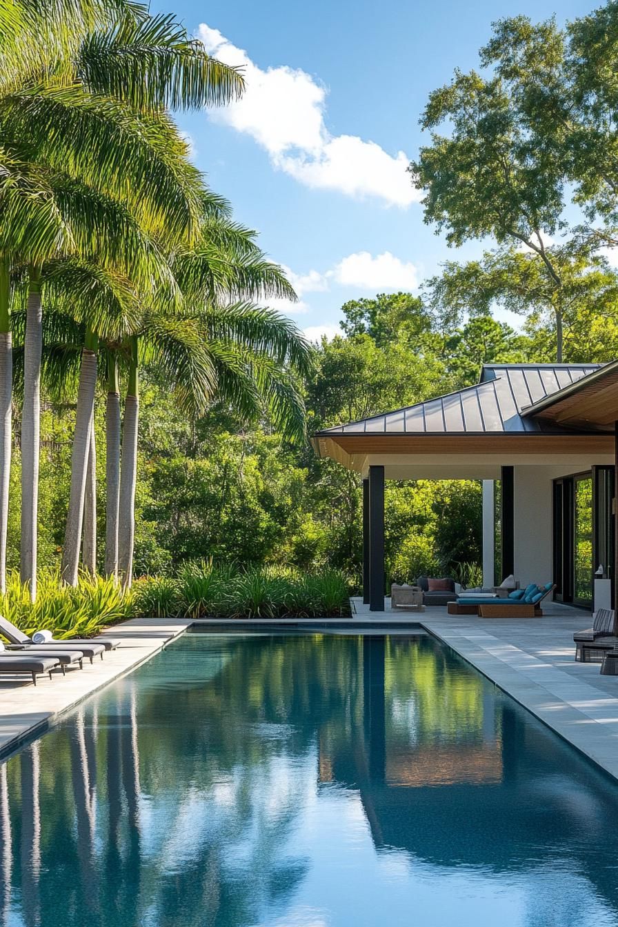 modern house backyard pool with poolside cabana landscape with tall palm trees