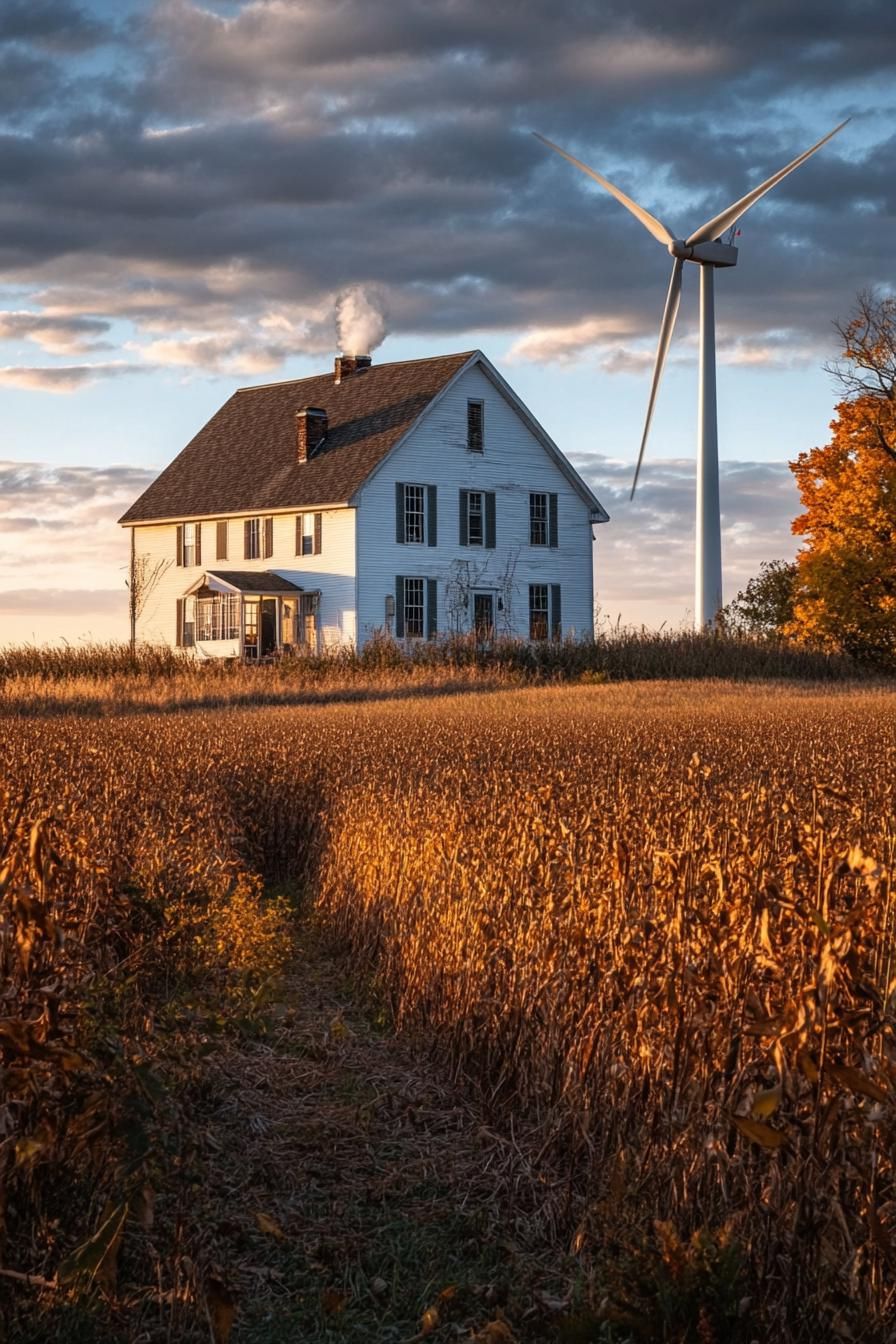 modern farmhouse homestead with large fields and a wind turbine in the fields 2