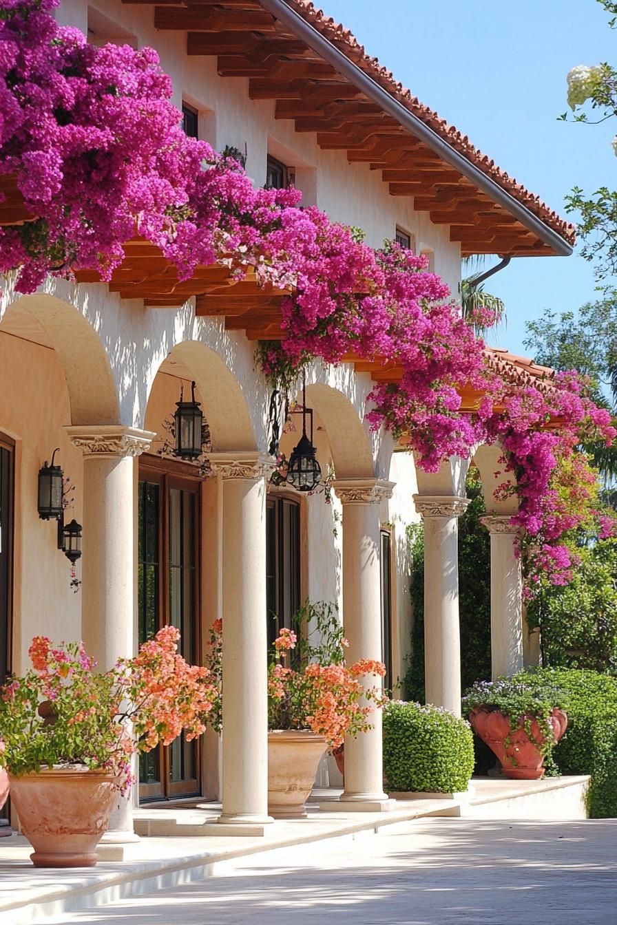 mediterranean revival architecture house front porch pergola with blossoming Bougainvilleas 3