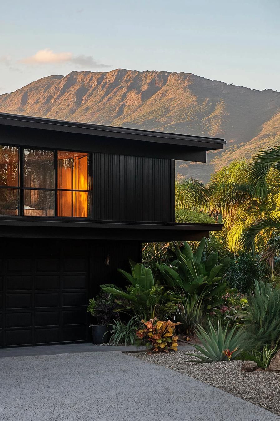 mid century modern black house facade with blackened steel exterior panels tropical mountain in distance 3