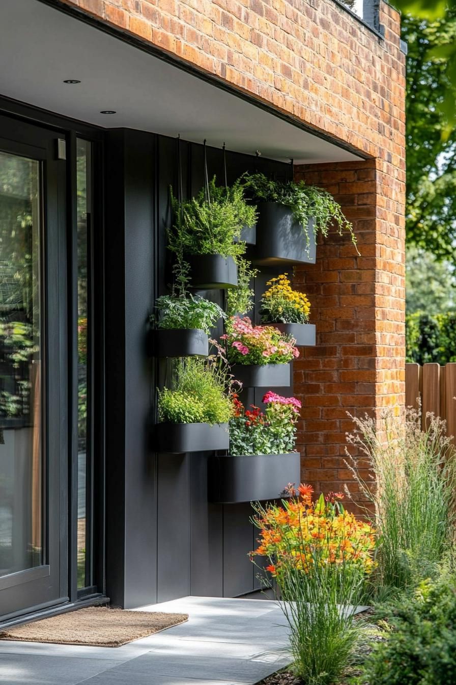 modern terraced house front entrance wall with hanging and tiered planters