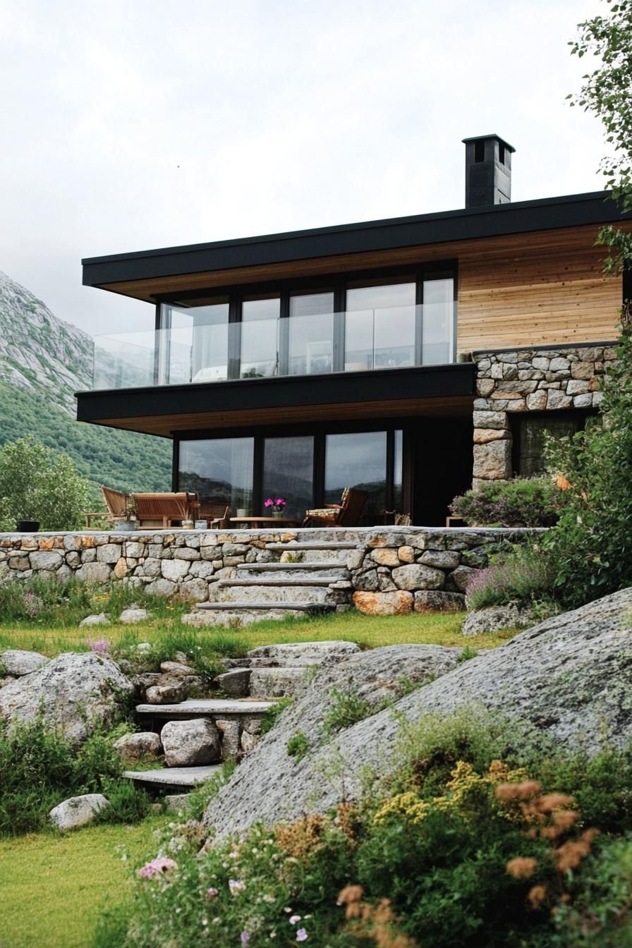 mid century modern 1950s style house stone and wood facade in Scandinavian mountains