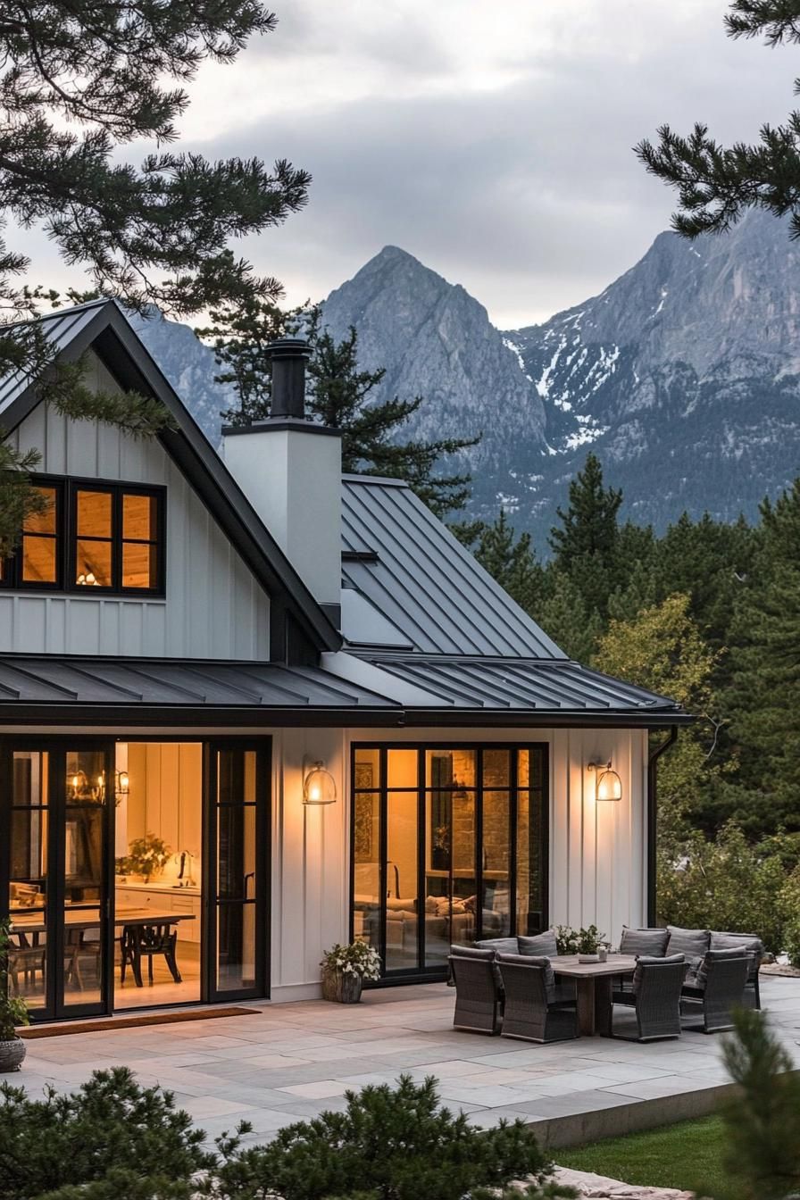modern French cottage style mountain house with white shiplap dar grey roof large glass windows and doors patio with seating Alp mountains in the 2