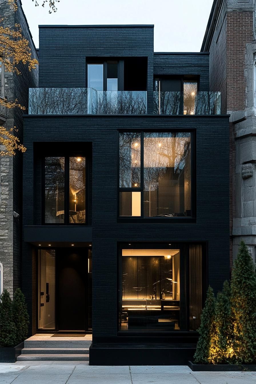 modern assymetrical black house facade with darkened glass windows and LED lighting