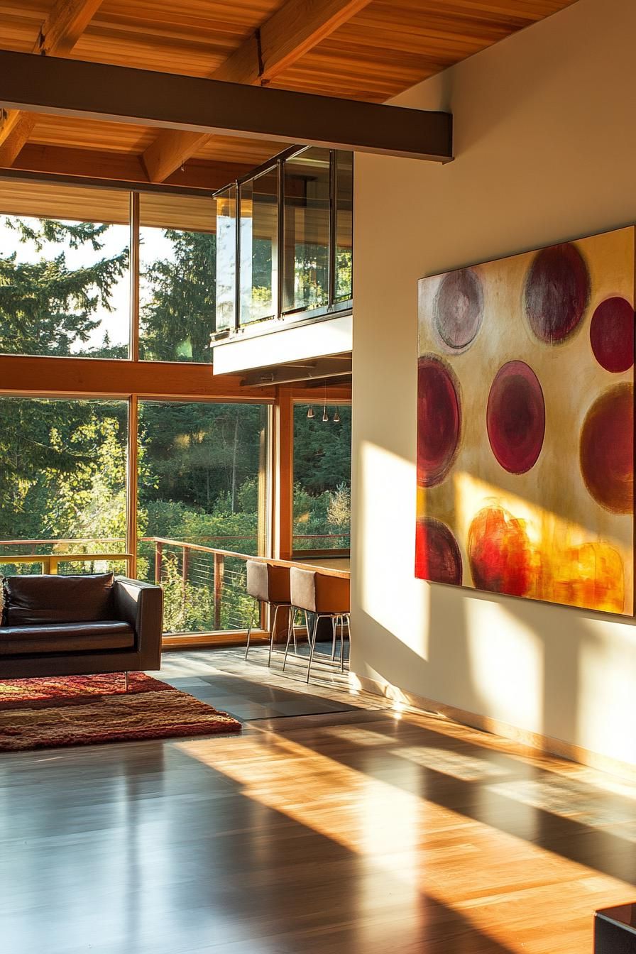 mid century modern house lofted interior with large abstract artwork wall decor and large windows overlooking green hilled valey