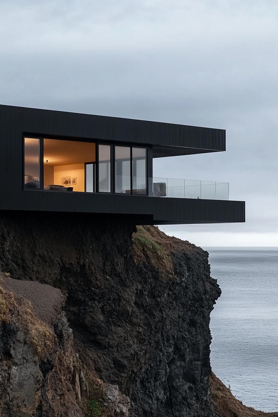 modern cantilevered matte black cliff house with stunning volcanic islad views