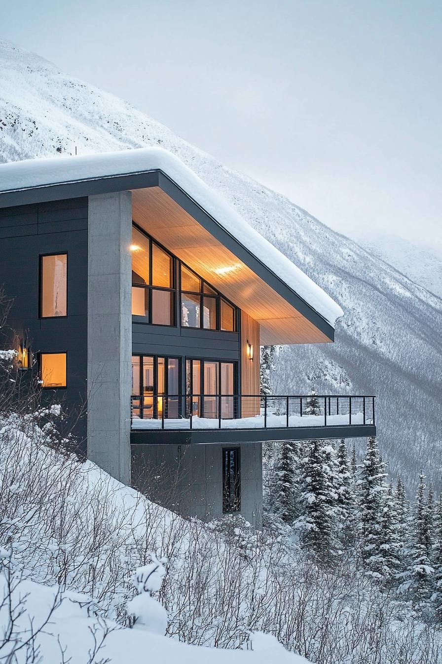 modern steel and concrete mountain house with geometric facade and snow roof in breath taking Alaskan mountains