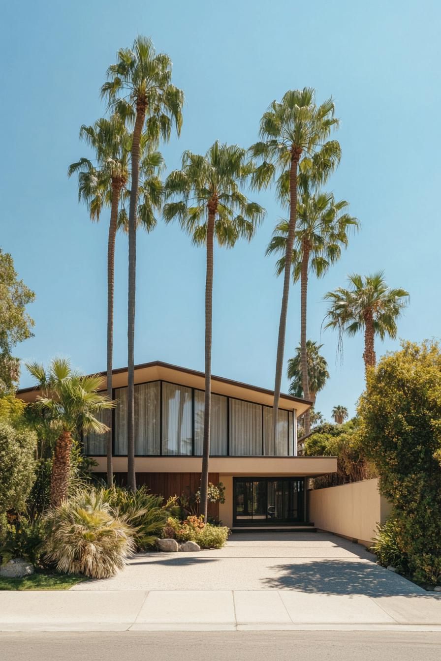 70s midcentury house facade with large windows tall palm trees in the front yard 3