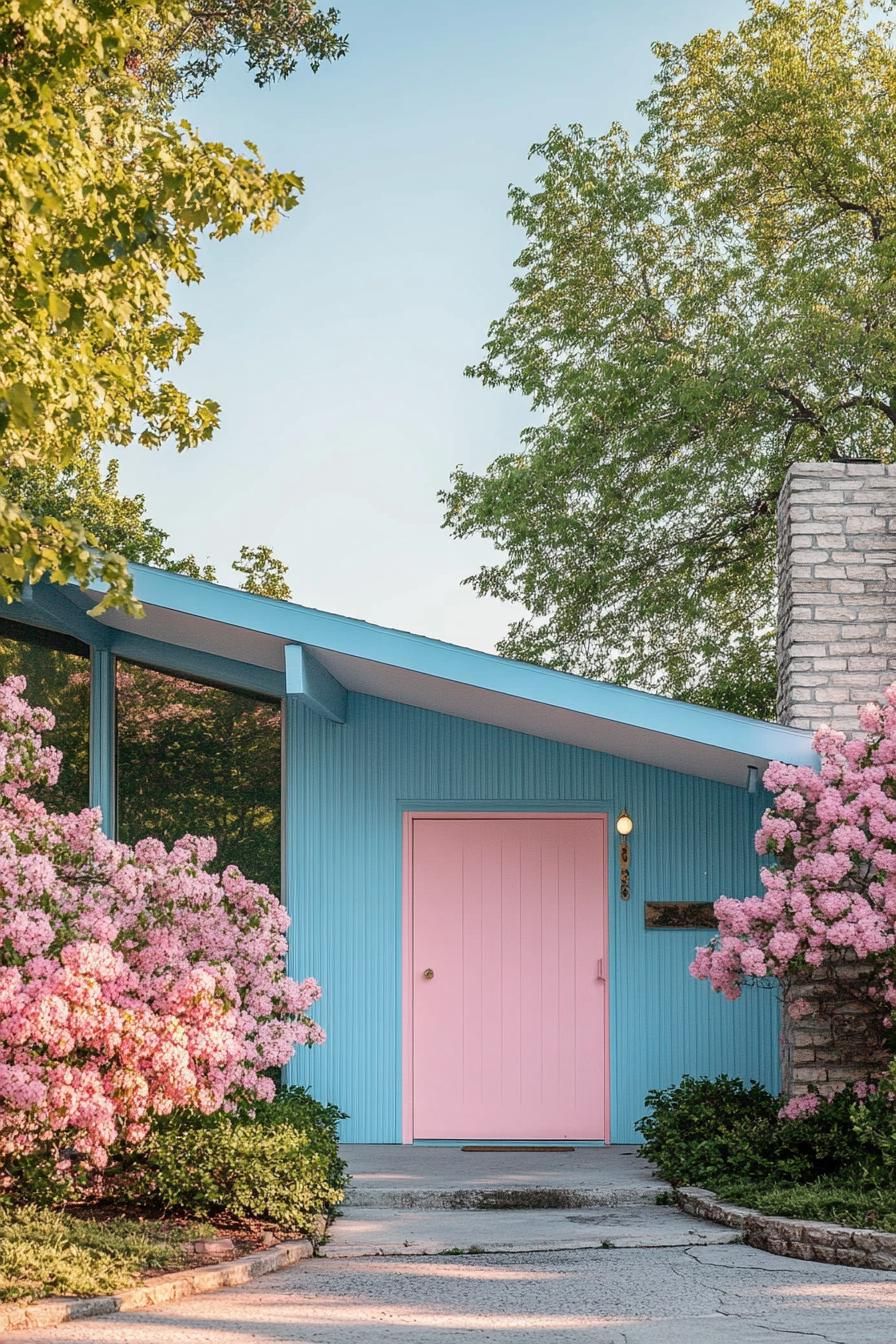 mid century modern house facade in electric blue and pastel pink colors 2