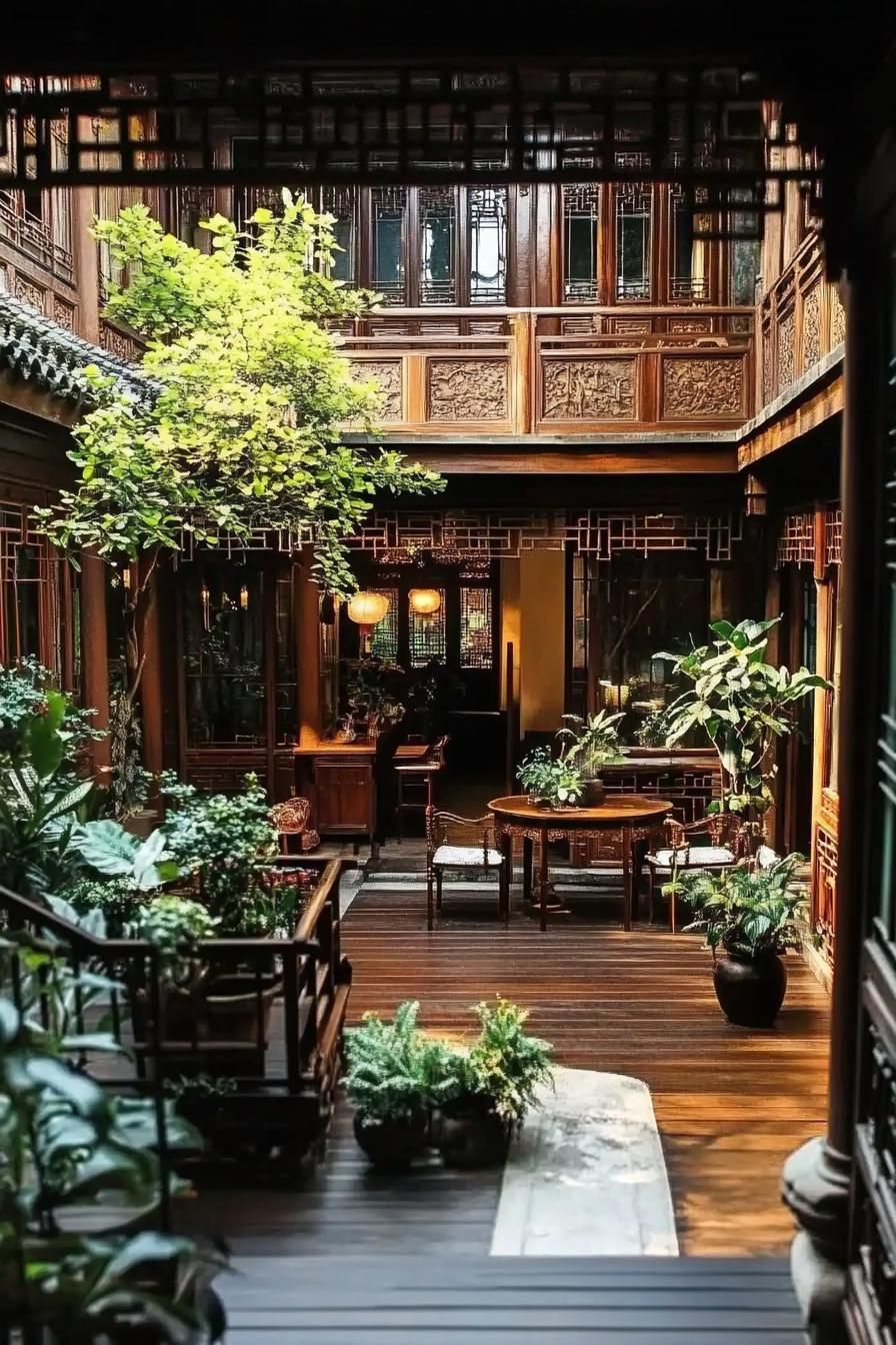 antique chinese house courtyard with hardwood deck antique furniture balcony detailing houseplants