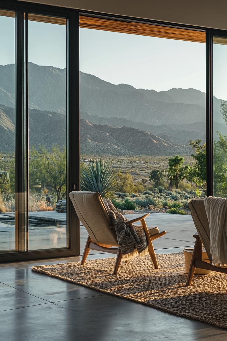 mid century modern house interior with large glass doors leading to a patio splayed leg chairs draped with throw blankets on the patio overlooking stunning mountains afar 3