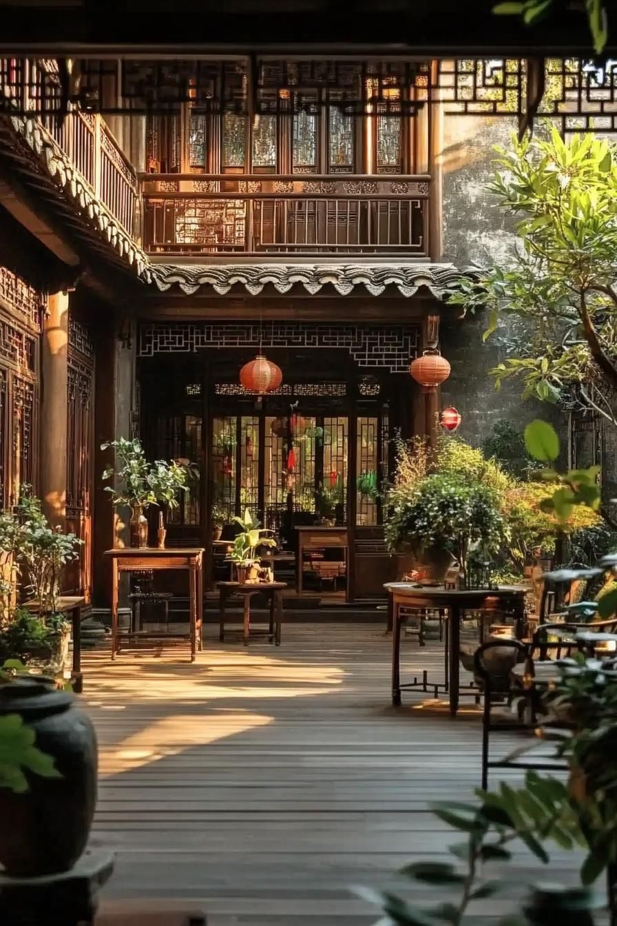 antique chinese house courtyard with hardwood deck antique furniture balcony detailing houseplants 3