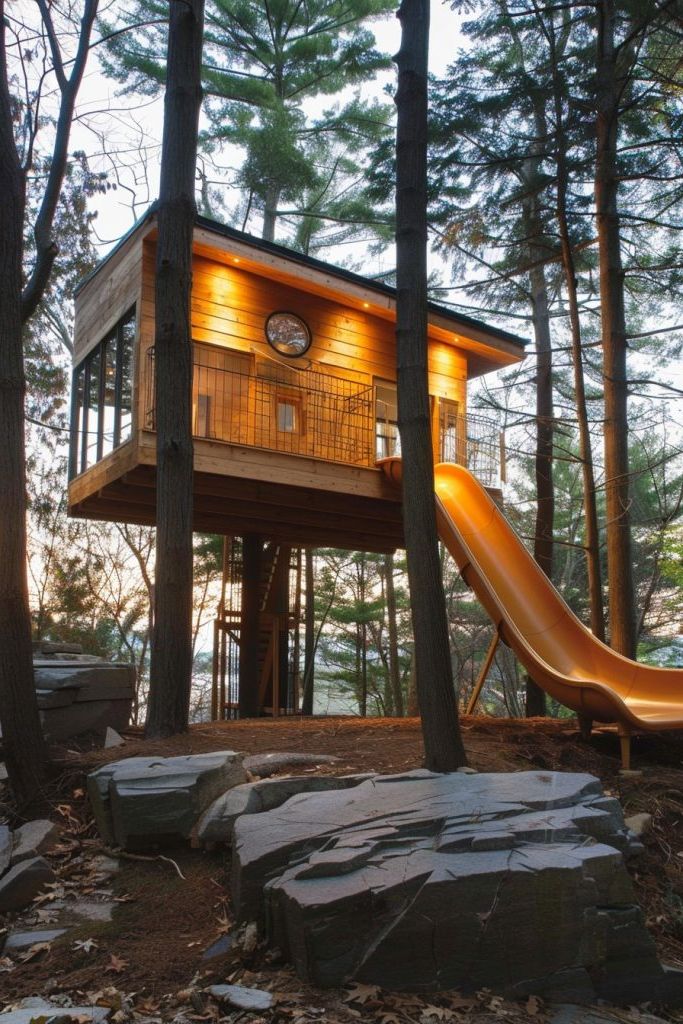 tree cabin with slide