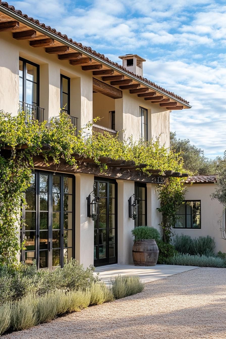 modern Italian mediterranean house facade with vine covered pergola olive tree lined front yard 2
