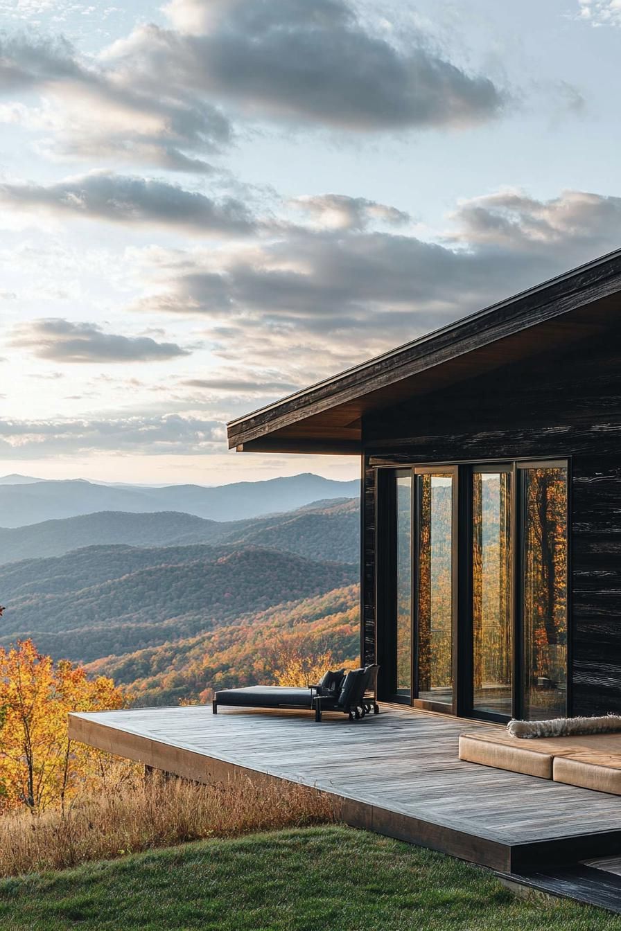 modern mountain black wood log cabin facade with floor to ceiling windows with stunning Appalachian mountain views 3