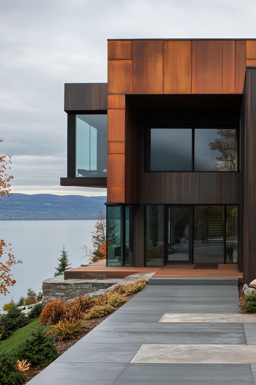 lakeside house steel and wood facade 2