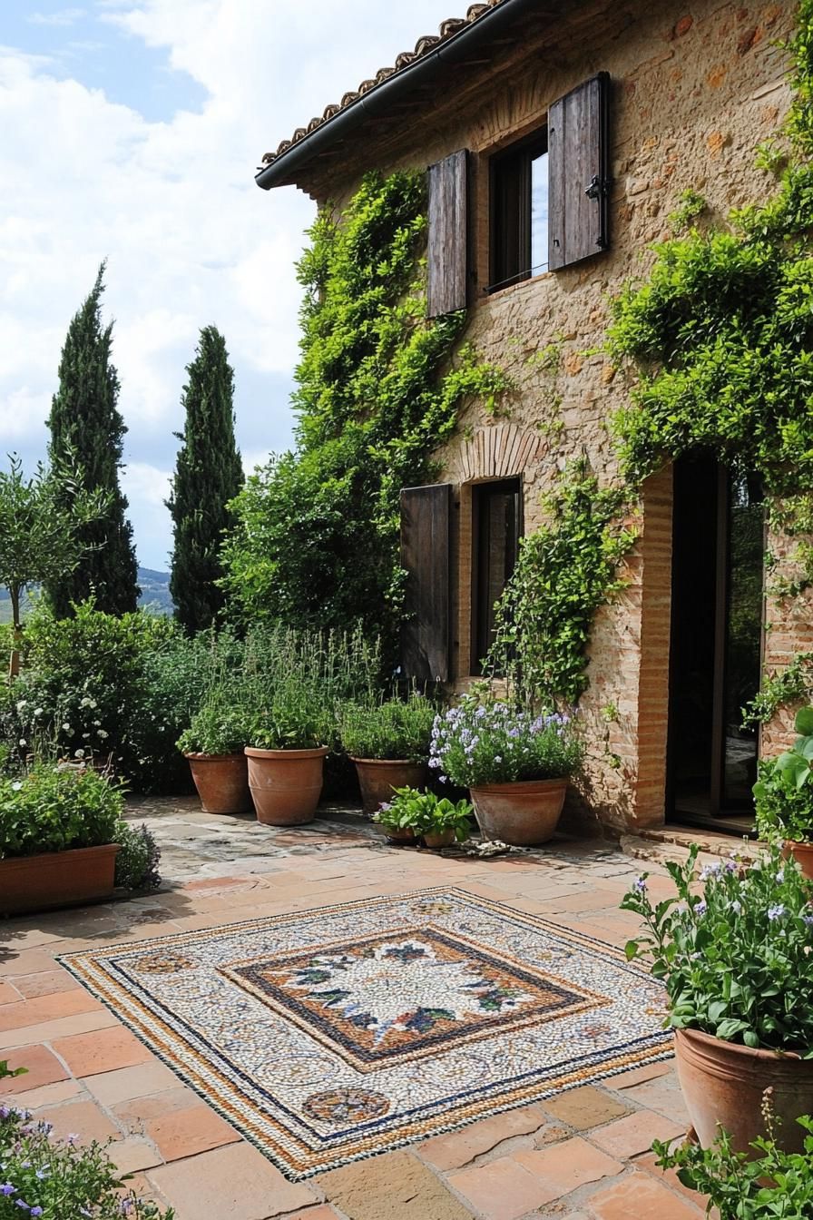 modern Tuscan house patio herb garden with mosaic floor