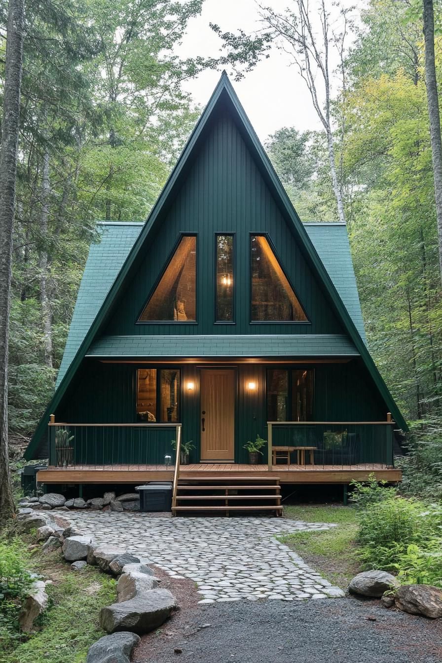 a frame cabin in deep dark green cladding deep dark green roof in slats porch has a pitched roof natural wood door with tall narrow windows on the
