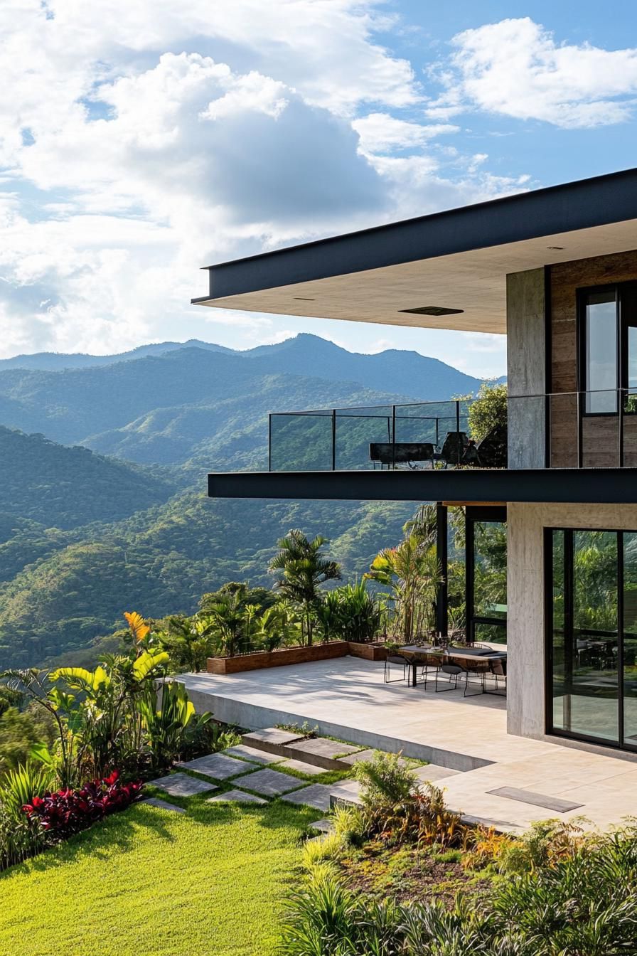 modern house on a slope with terrace gardens and tropical mountain views