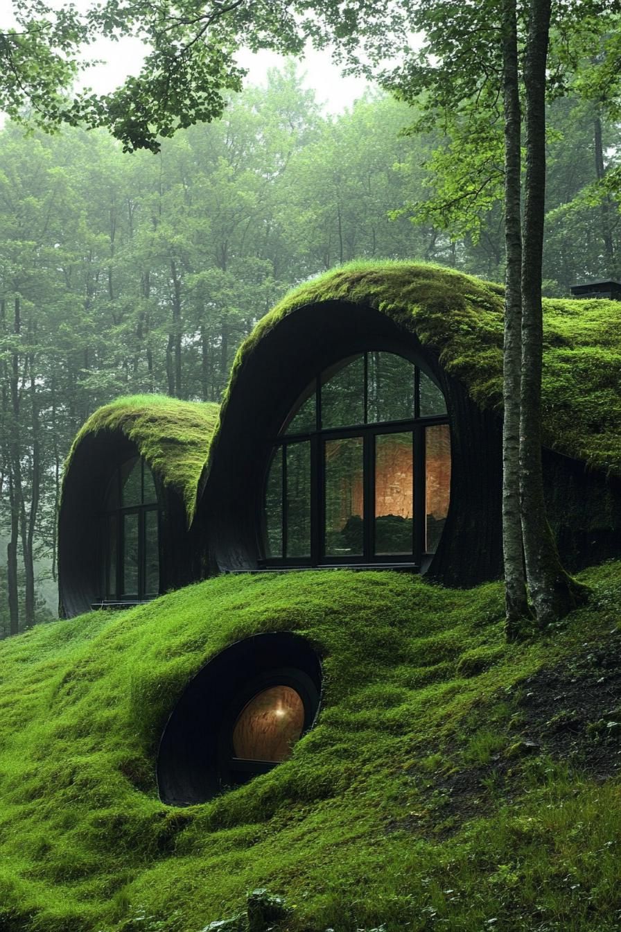 mountain forest glade with mossy hillside modern hobbit houses
