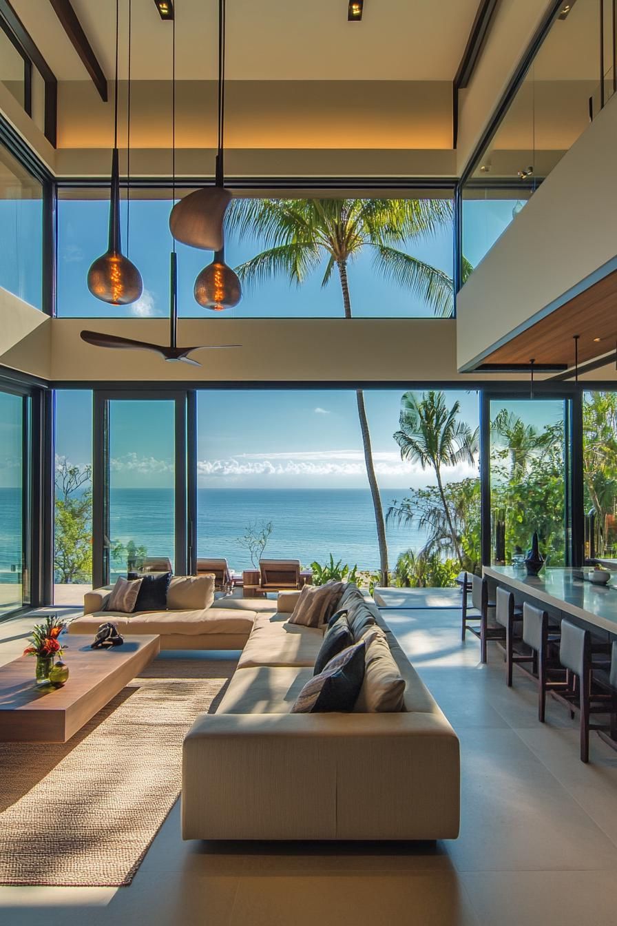 modern villa interior open plan with panoramic windows and tropical ocean views 2
