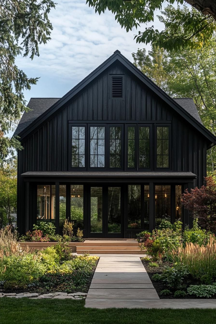 modern barndominium house facade of black stained wood with black trim beautiful farmhouse garden landscape