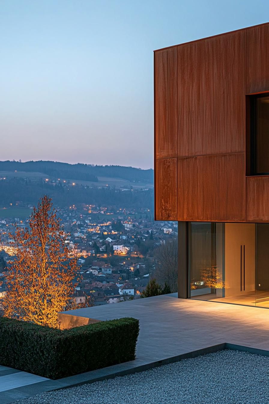 modern timber frame house facade with corten steel elements full house view with a hilly town in the distance