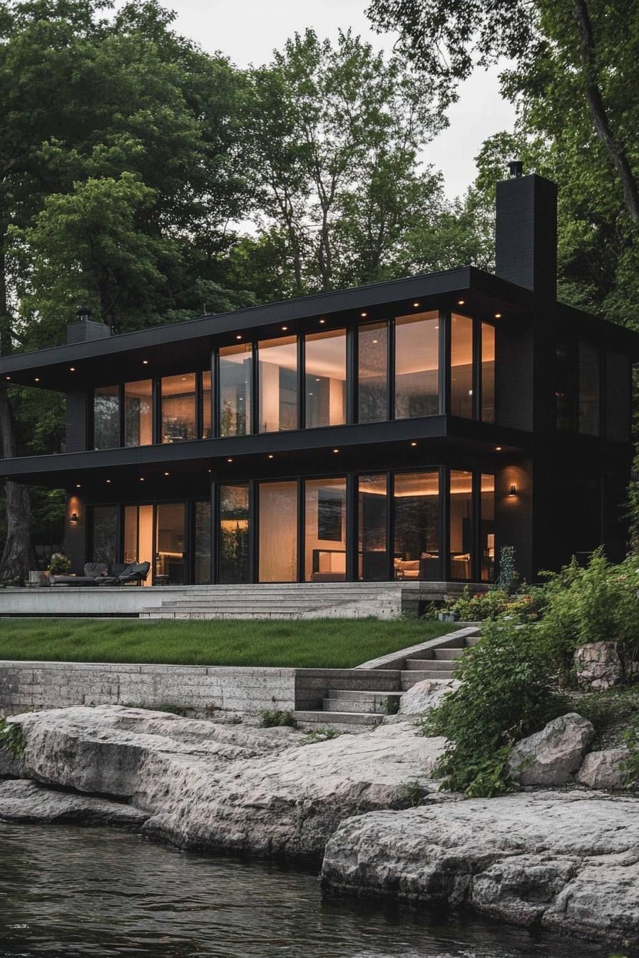 mid century modern black house jet black stucco facade with large glass windows green lakefront 2