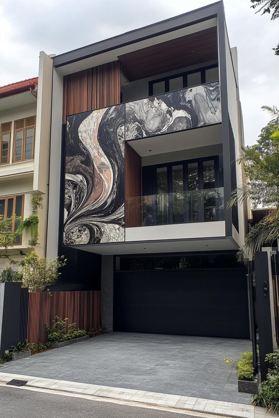 modern terrace house facade with wall art mural 3
