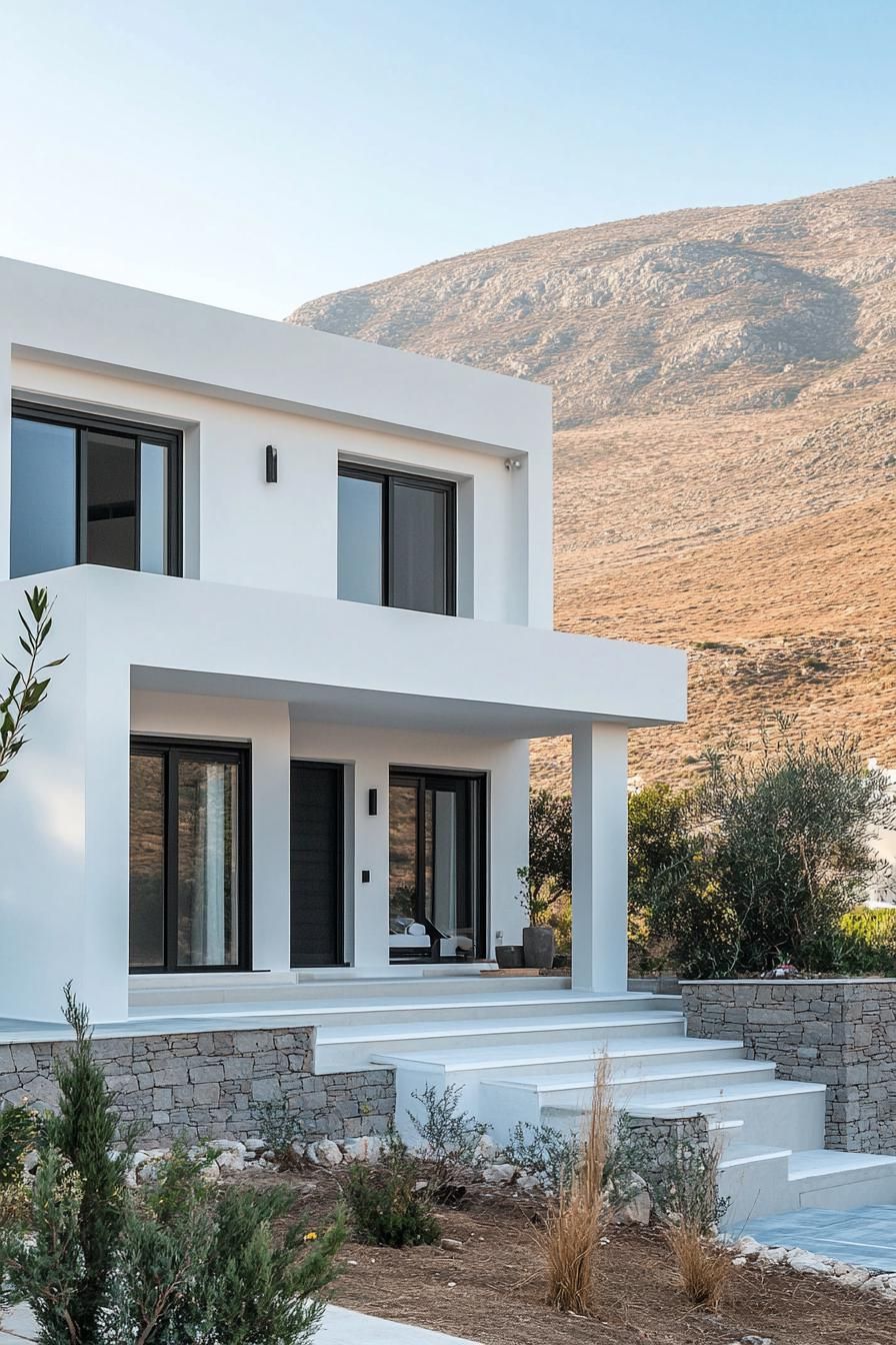 modern house facade combining modern and accents of cycladic architecture Greek mountains in the background