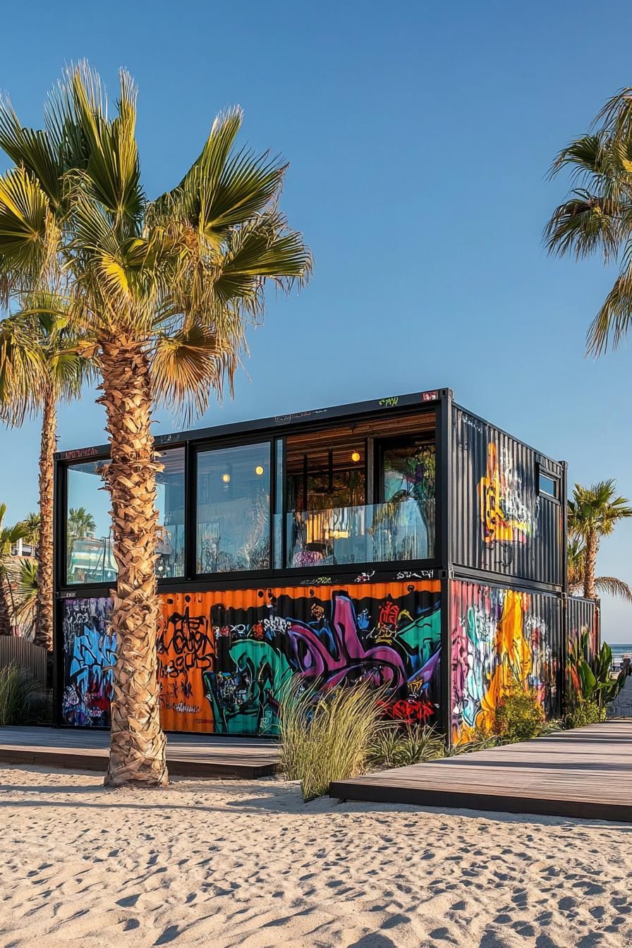 modern prefab small shipping container house with graffiti art facade glass windows beachfront with tall palms 2