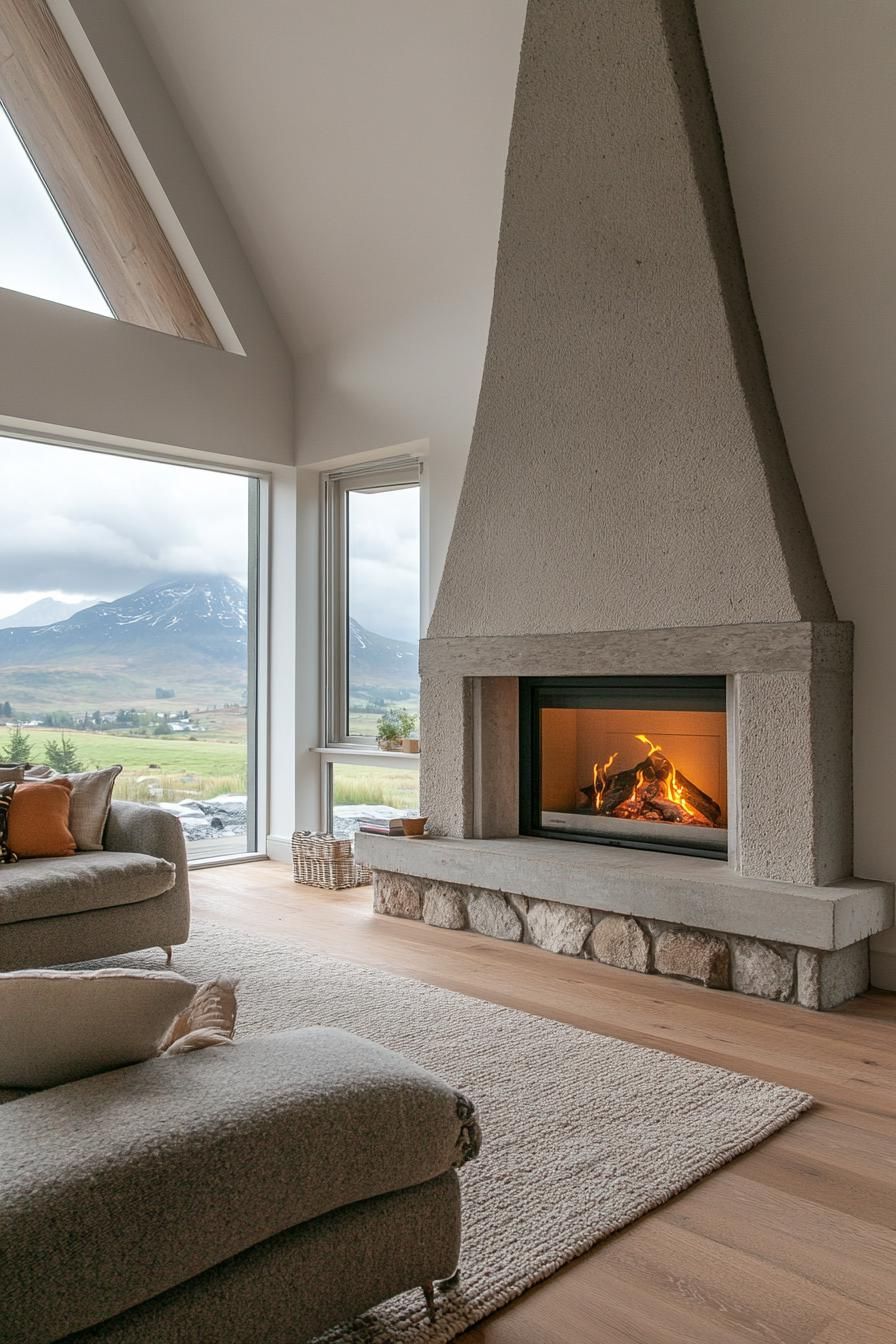 modern English cottage stone fireplace with modern insert large windows overlooking Scotland mountains