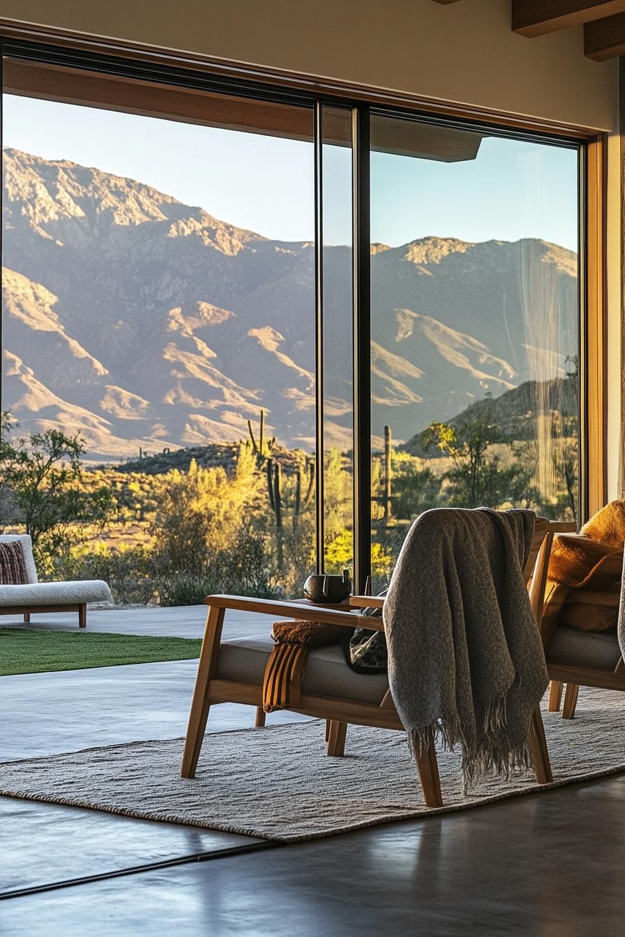 mid century modern house interior with large glass doors leading to a patio splayed leg chairs draped with throw blankets on the patio overlooking stunning mountains afar 2