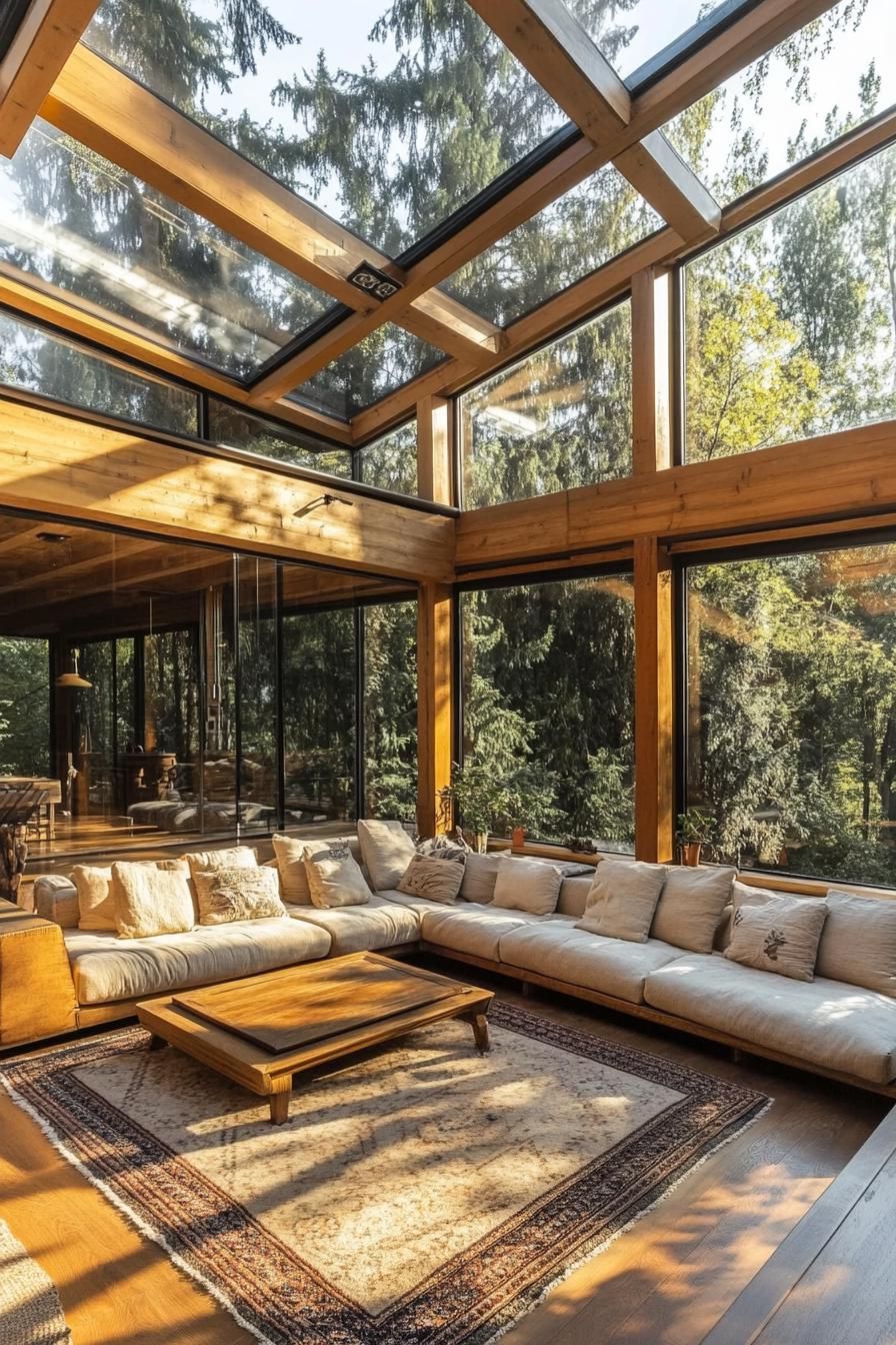 A modern house encased in large glass panels defined by a wooden framework that has a warm natural finish. The glass roof allows an abundance of