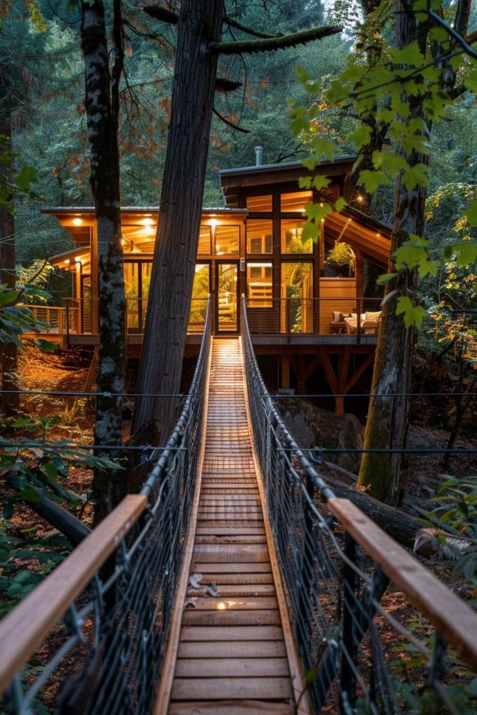 suspended bridge to cabin