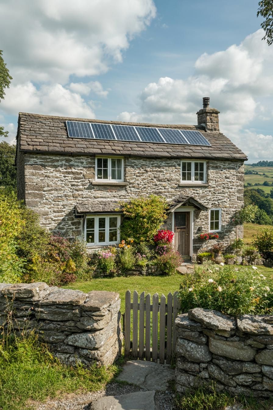 modern English cottage facade with solar roof panels stunning hilly Engish countryside landscape 3