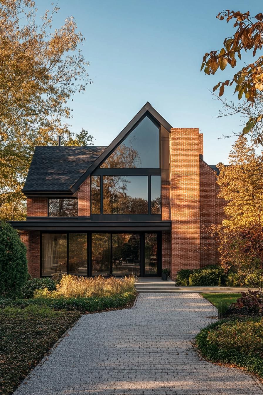 modern brick house with multi pitched cottage roof classic landscape 1