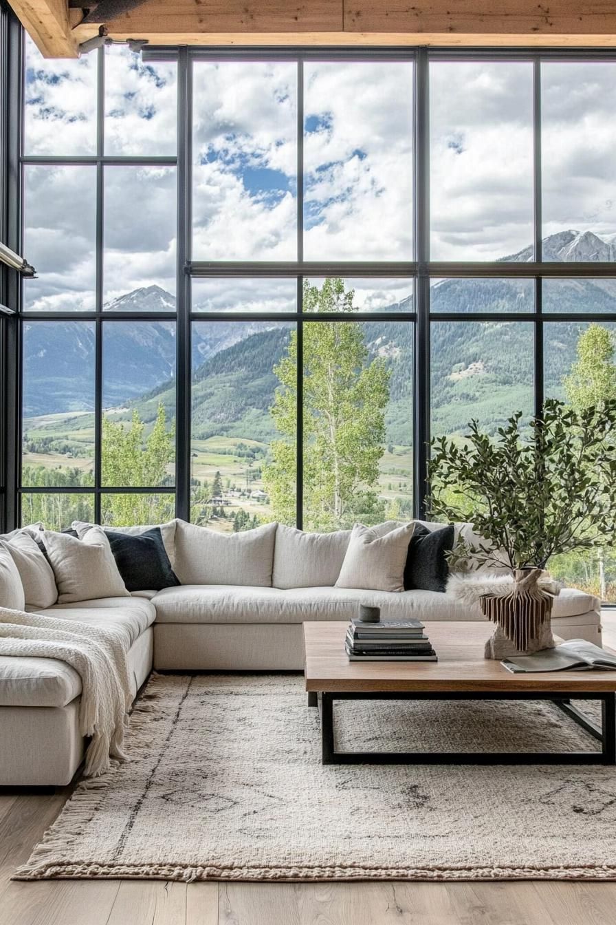 modern L shaped farmhouse living room minimalist interior large windows overlooking stunning mountains