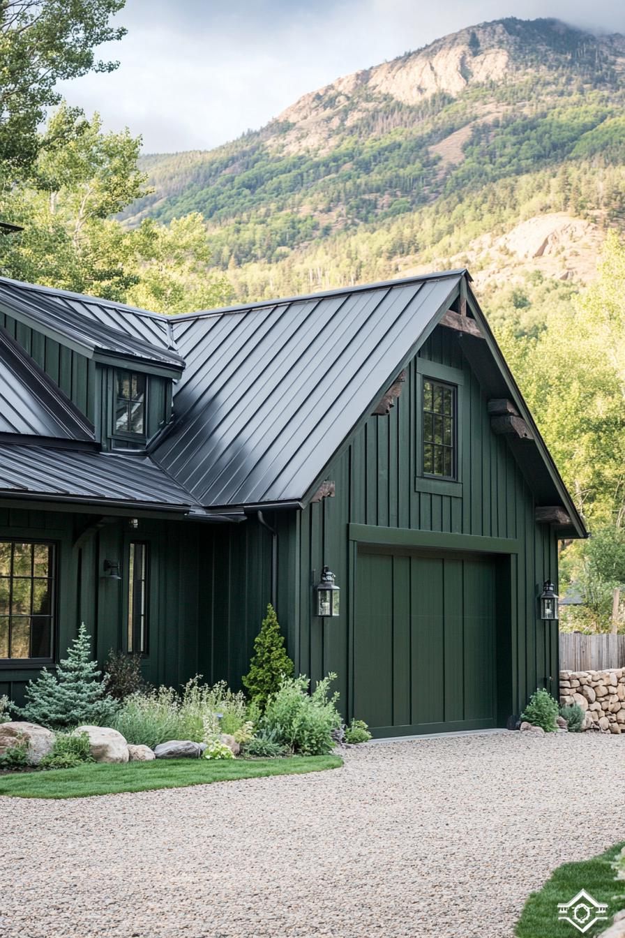 tall barn style mountain house with dark moss green siding black metal roof with tall pitch high barn door in dark green color gravel front yard