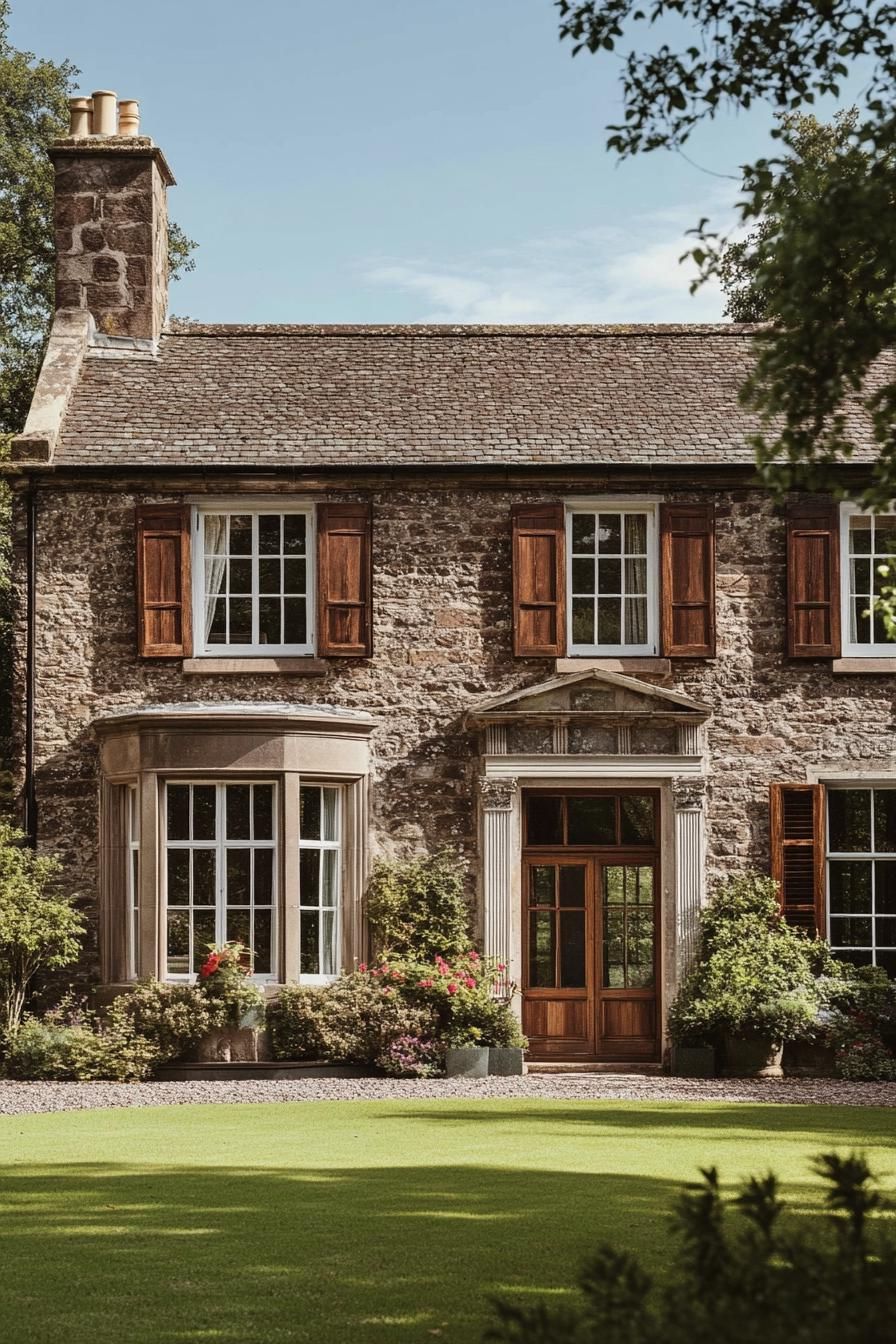 mid century modern and antique style house facade with large picture windows and antique shutters in Scotland highlands