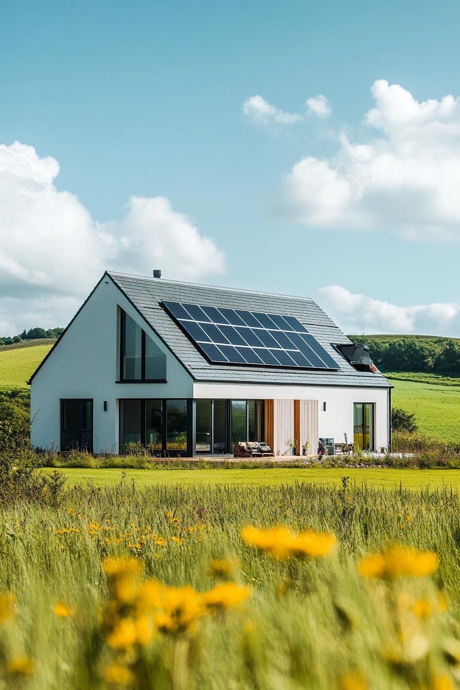 modern L shaped farmhouse gabled roof with solar panels in beautiful green open fields on a sunny day 3