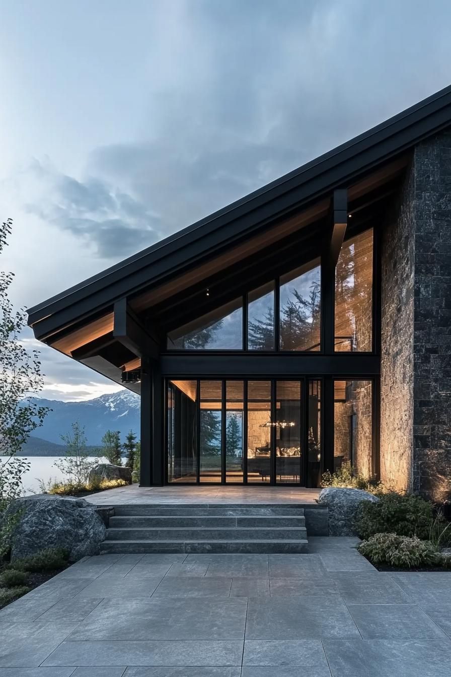 modern mountain house with dark stone facade and black beams with stunning lake mountain views 2